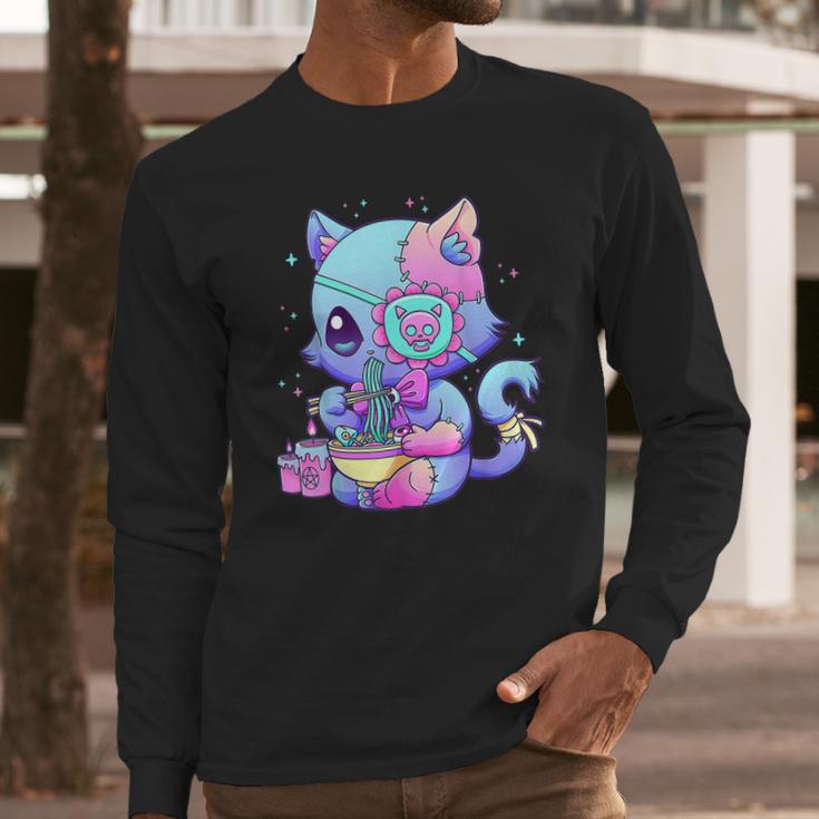 Pastel Goth Aestic Kawaii Creepy Cat Eating Ramen Noodles Long Sleeve T-Shirt Gifts for Him