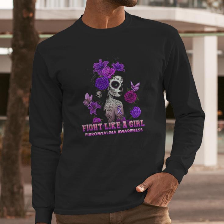 Sugar Skull Fight Like A Girl Fibromyalgia Awareness Shirt Long Sleeve T-Shirt Gifts for Him