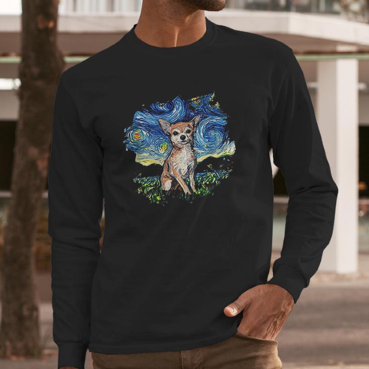 Tan Chihuahua Starry Night Impressionist Dog Art Long Sleeve T-Shirt Gifts for Him