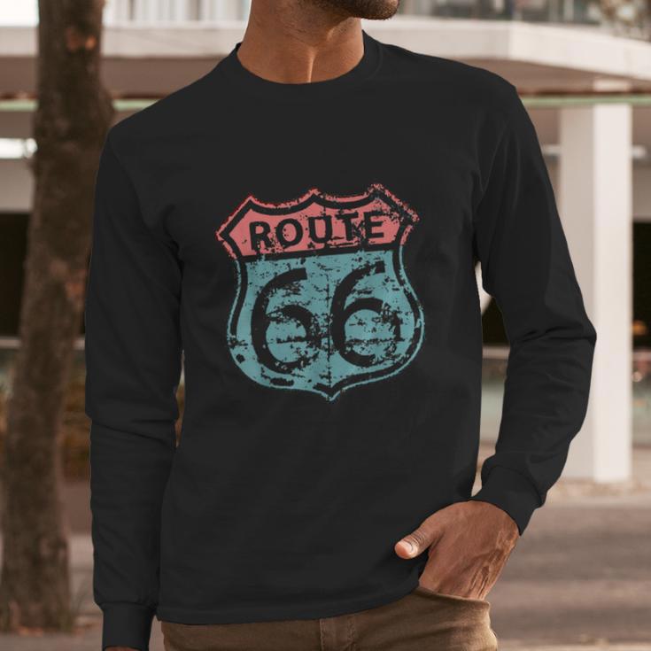 Historic American Route Icon Weathered Highway 66 Road Sign Long Sleeve T-Shirt Gifts for Him