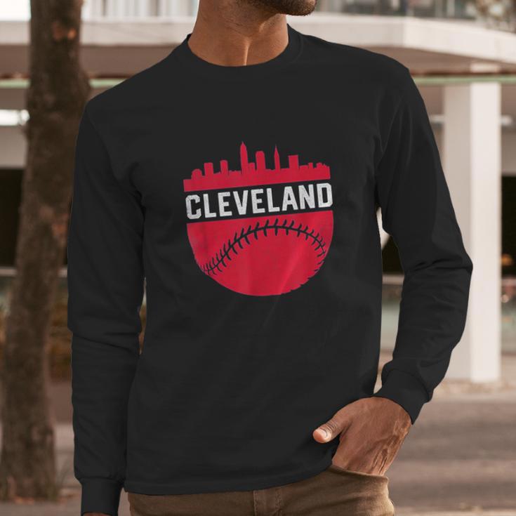 Vintage Downtown Cleveland Ohio Skyline Baseball Long Sleeve T-Shirt Gifts for Him