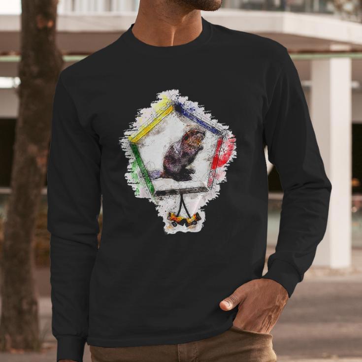 Wood Badge Critter Beaver Watercolor Sketch Print Long Sleeve T-Shirt Gifts for Him