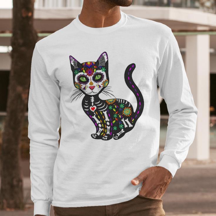 Cute Sugar Skull Mexican Cat Halloween Day Of The Dead Long Sleeve T-Shirt Gifts for Him