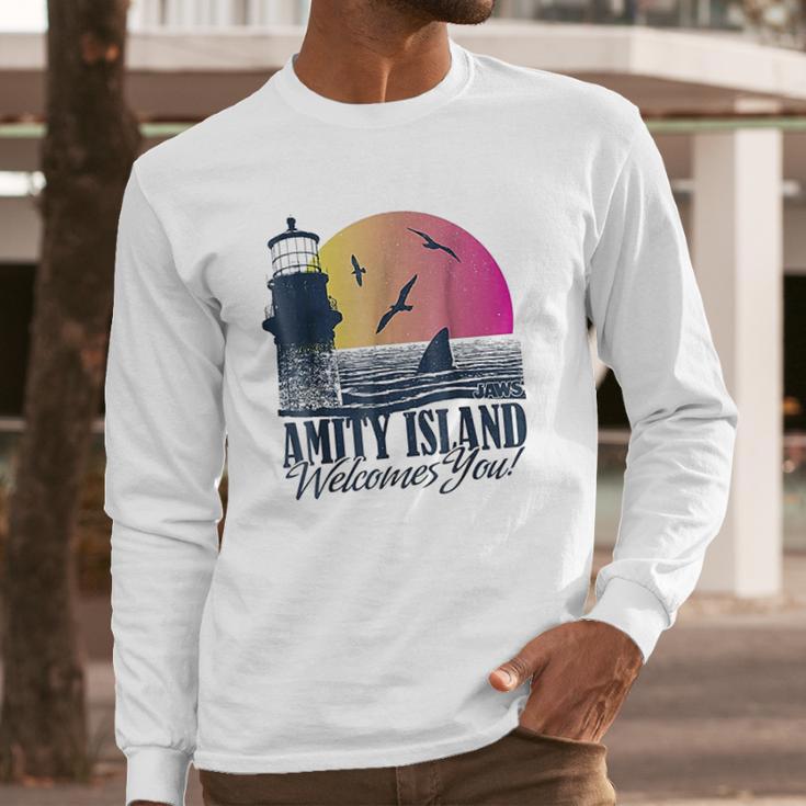 Jaws Sun Set Amity Island Welcomes You Graphic Long Sleeve T-Shirt Gifts for Him