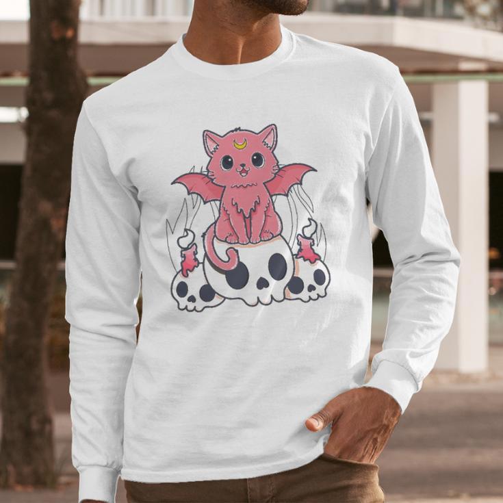 Kawaii Pastel Goth Cute Creepy Demon Cat And Skull Anime Art Long Sleeve T-Shirt Gifts for Him