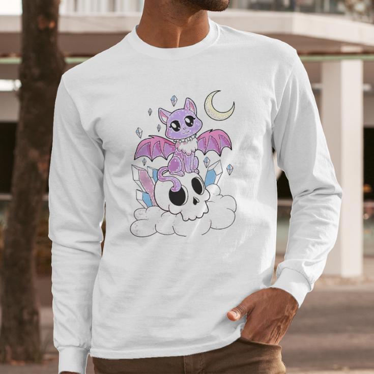 Kawaii Pastel Goth Witchy Cat And Skull Cute Creepy Long Sleeve T-Shirt Gifts for Him