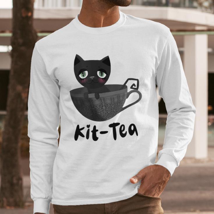 Kit-Tea Cat Lovers Creepy Kawaii Pastel Goth Kitten Teacup Long Sleeve T-Shirt Gifts for Him