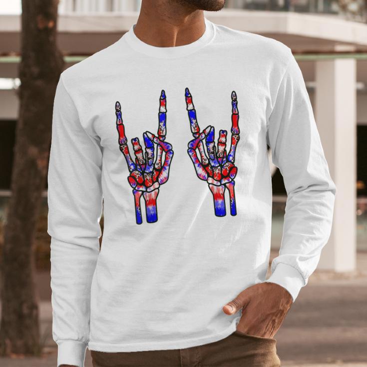 Rock On Rock Star Skeleton Hands Tie Dye 4Th Of July Long Sleeve T-Shirt Gifts for Him