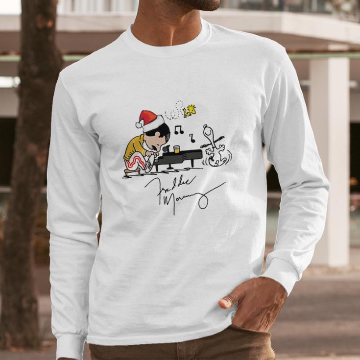 Santa Freddie Mercury Snoopy Peanuts Playing Piano Shirt Long Sleeve T-Shirt Gifts for Him