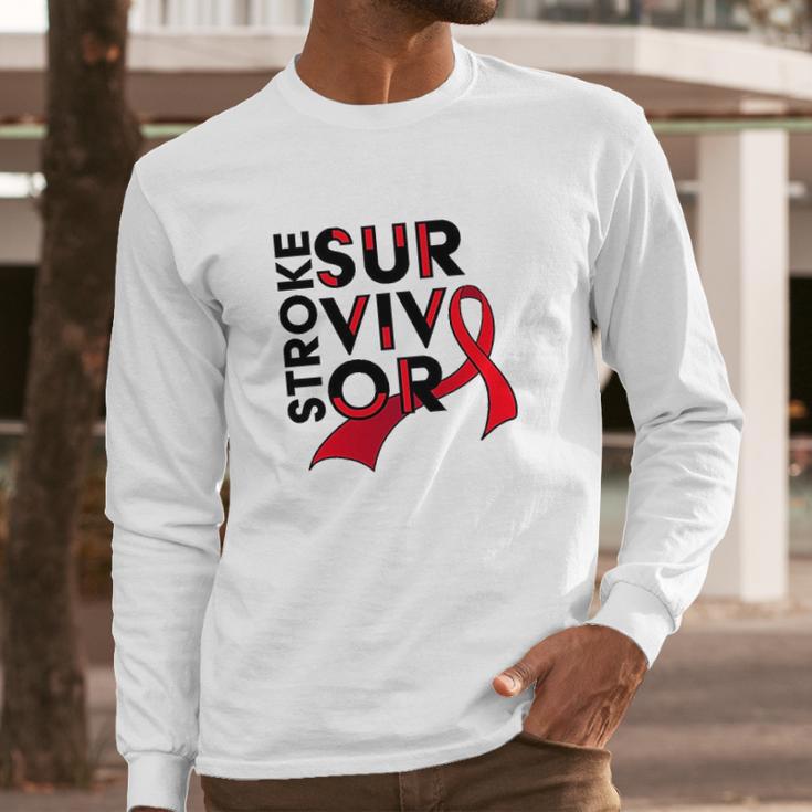 Stroke Survivor Red Ribbon Awareness Long Sleeve T-Shirt Gifts for Him