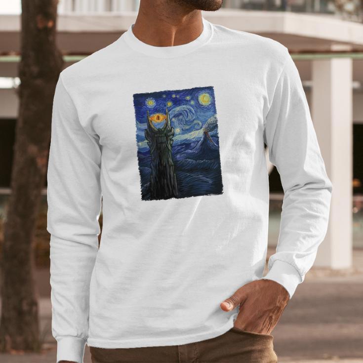 Vincent Van Gogh The Starry Night With Lord Of The Rings Middle Earth Sauron Tower Evil Eye Tshirt Long Sleeve T-Shirt Gifts for Him