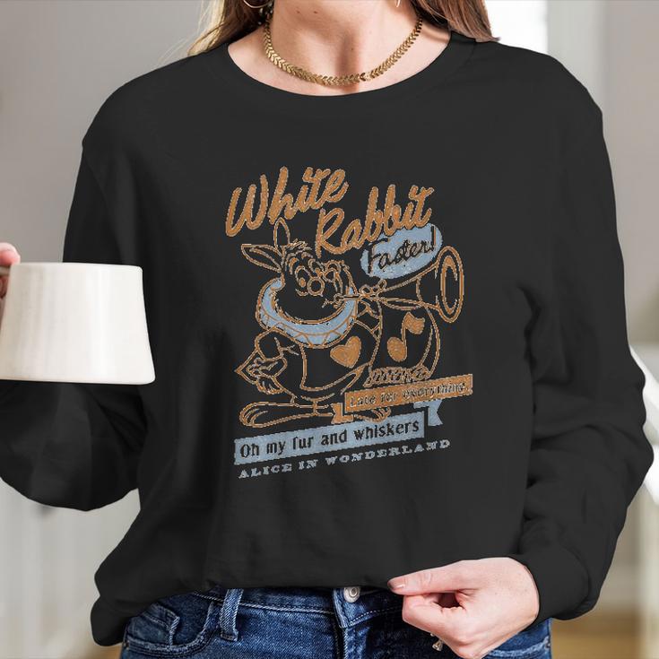 Alice In Wonderland White Rabbit Outlined Text Poster Long Sleeve T-Shirt Gifts for Her