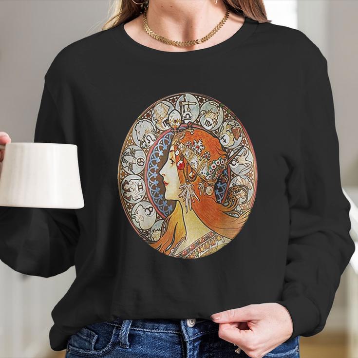 Art Nouveau Zodiac Signs Gypsy Fortune Teller Alphonse Mucha Long Sleeve T-Shirt Gifts for Her