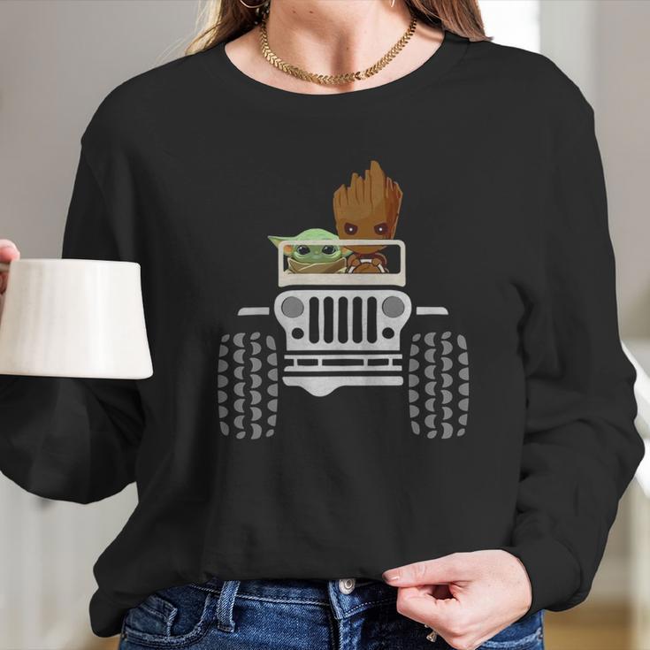 Baby Yoda And Baby Groot Driving Jeep Long Sleeve T-Shirt Gifts for Her