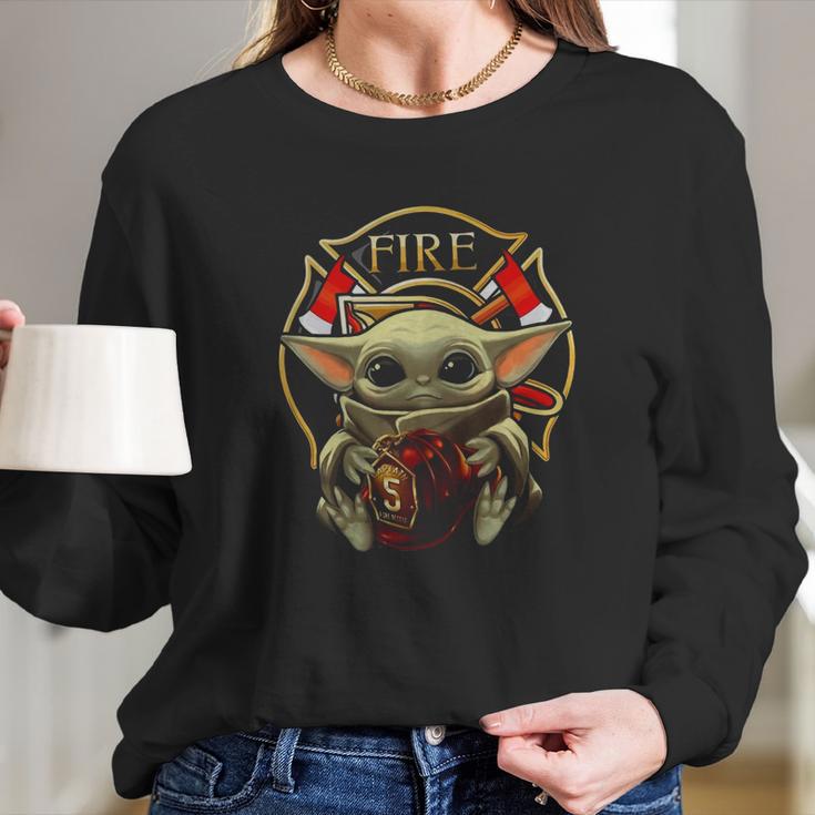 Baby Yoda Hug Flaptatn Fire Reside Long Sleeve T-Shirt Gifts for Her