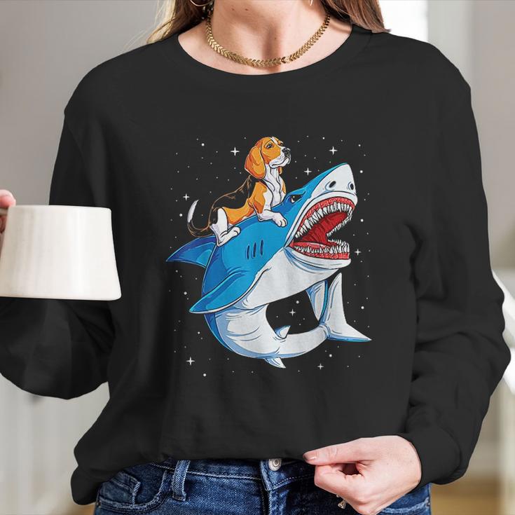 Beagle Riding Shark Jawsome Dog Lover Long Sleeve T-Shirt Gifts for Her