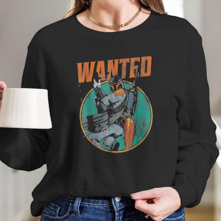 Boba Fett Wanted Distressed Mandalorian Long Sleeve T-Shirt Gifts for Her