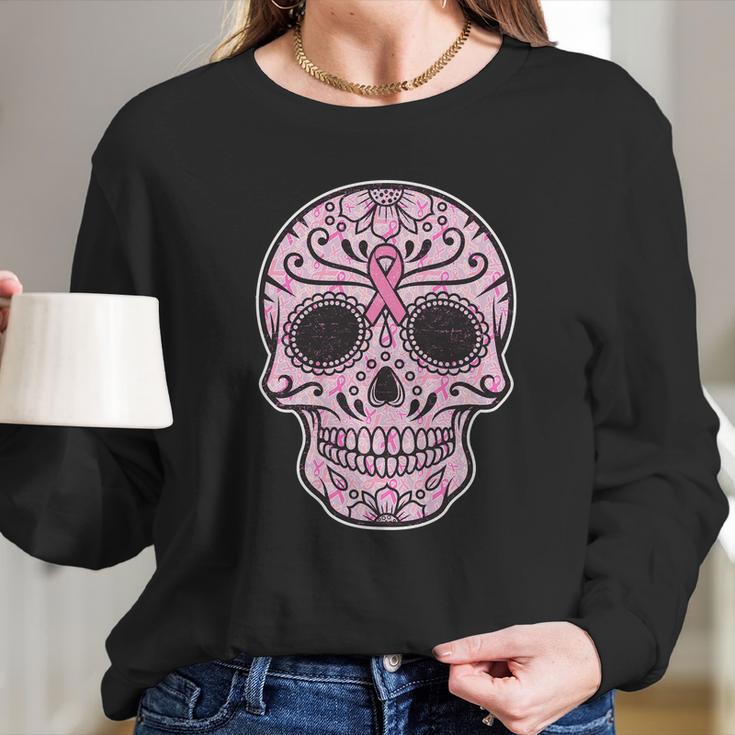 Breast Cancer Sugar Skull Day Of The Dead Dia De Los Muertos Long Sleeve T-Shirt Gifts for Her