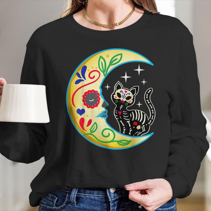 Cat Moon Sugar Skull Dia De Los Muertos Day Of He Dead Long Sleeve T-Shirt Gifts for Her