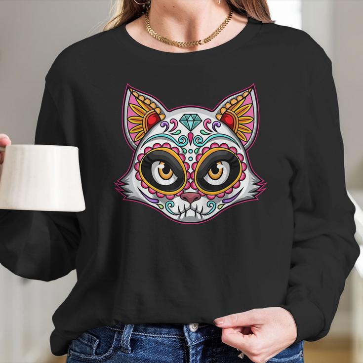 Cat Sugar Skull Funny Day Of The Dead Group Matching Long Sleeve T-Shirt Gifts for Her