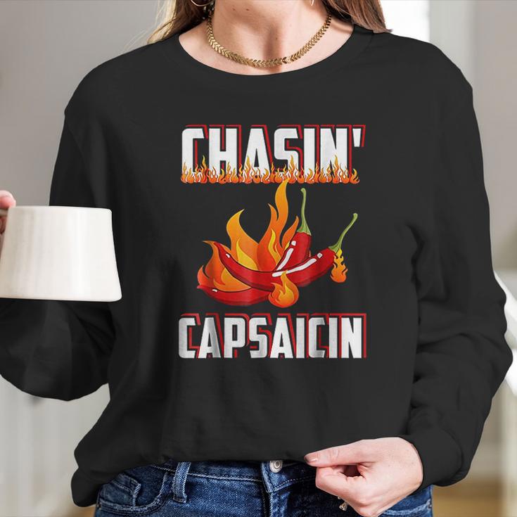 Chasin Capsaicin Funny Spicy Food Pepper Hot Sauce Long Sleeve T-Shirt Gifts for Her