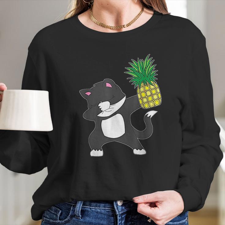 Dabbing Kitty Cat Pineapple Aloha Beach Hawaiian Dance Long Sleeve T-Shirt Gifts for Her