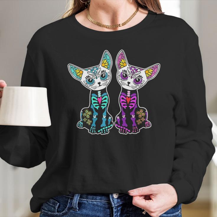 Day Of Dead Sugar Cats Skeleton Skull Long Sleeve T-Shirt Gifts for Her