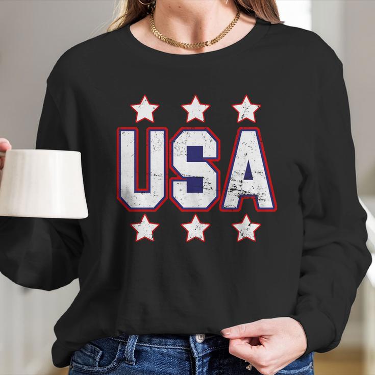 Distressed Usa Patriotic Logo Long Sleeve T-Shirt Gifts for Her