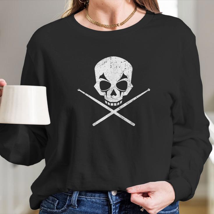 Drummer Drum Sticks Skull Black Metal Long Sleeve T-Shirt Gifts for Her