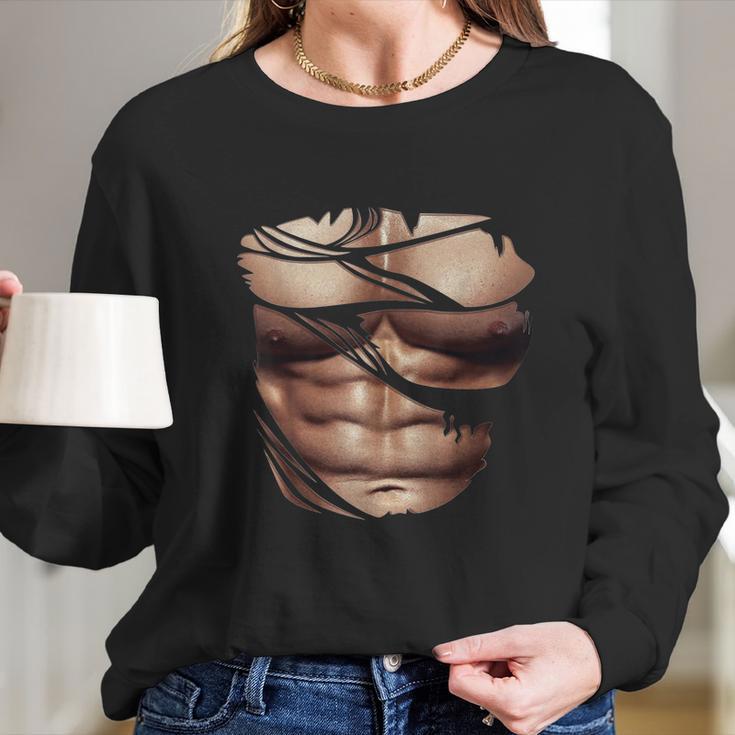 Fake Muscles Ripped Torn Chest Six Pack Abs Fitness Model Long Sleeve T-Shirt Gifts for Her