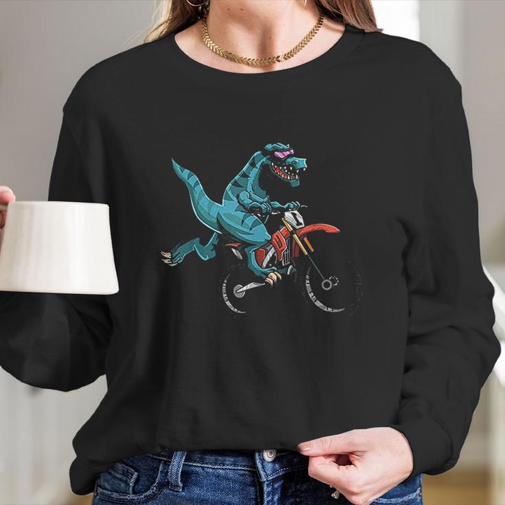 Funny Dino On Bike Trex Lover Rider Motorcycle Long Sleeve T-Shirt Gifts for Her