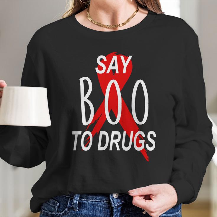 Funny Halloween Say Boo To Drugs Awareness Red Ribbon Long Sleeve T-Shirt Gifts for Her