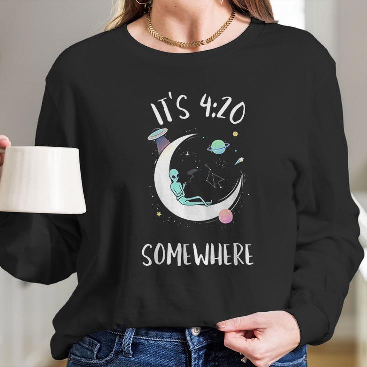 Funny Joint Smoking Moon Alien It Is 4 20 Somewhere Long Sleeve T-Shirt Gifts for Her