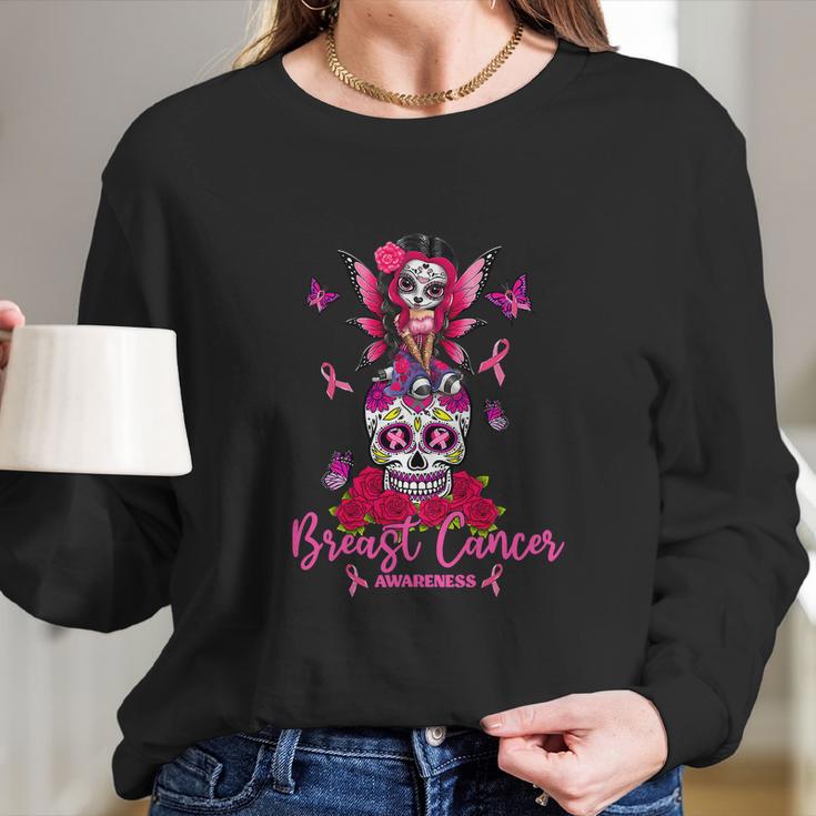 Funny Ribbon Like A Girl Sugar Skull Fight Breast Cancer Awareness Long Sleeve T-Shirt Gifts for Her