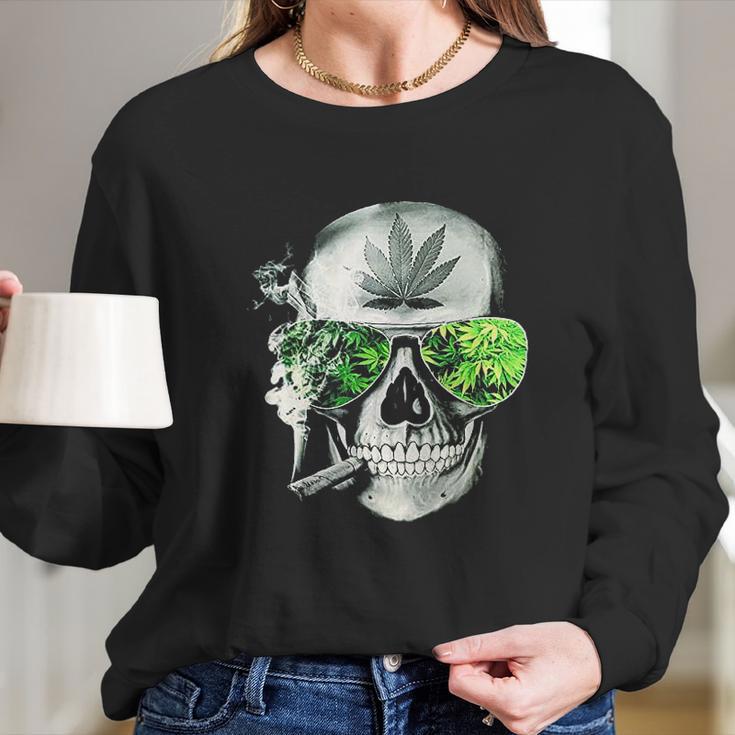 Funny Style Weed Cannabis Marijuana Smoking Skull Long Sleeve T-Shirt Gifts for Her