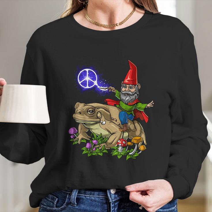 Gnome Riding Frog Hippie Peace Fantasy Psychedelic Forest Long Sleeve T-Shirt Gifts for Her