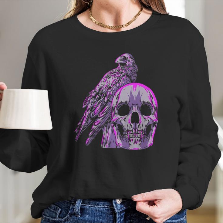 Goth Pastel Skull Crow Bird Skeleton Head Raven Gothic Lover Long Sleeve T-Shirt Gifts for Her