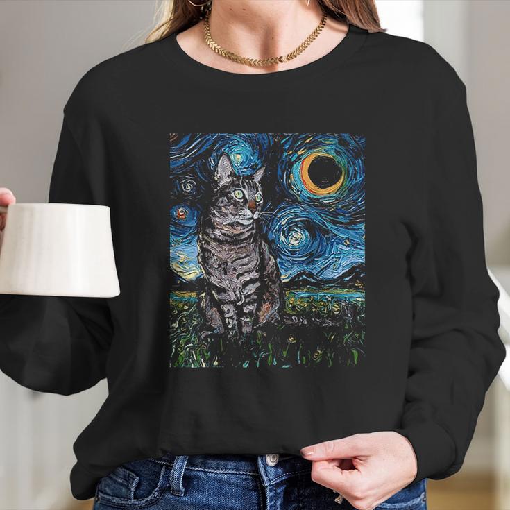 Gray Tabby Tiger Cat Starry Night Moon And Stars Art By Aja Long Sleeve T-Shirt Gifts for Her