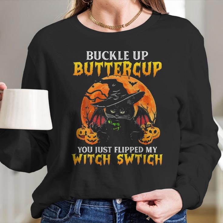 Halloween Cat Buckle Up Buttercup You Just Flipped Long Sleeve T-Shirt Gifts for Her