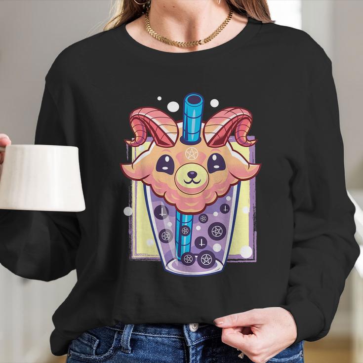 Kawaii Pastel Goth Creepy Baphomet Boba Bubble Tea Vaporwave Long Sleeve T-Shirt Gifts for Her