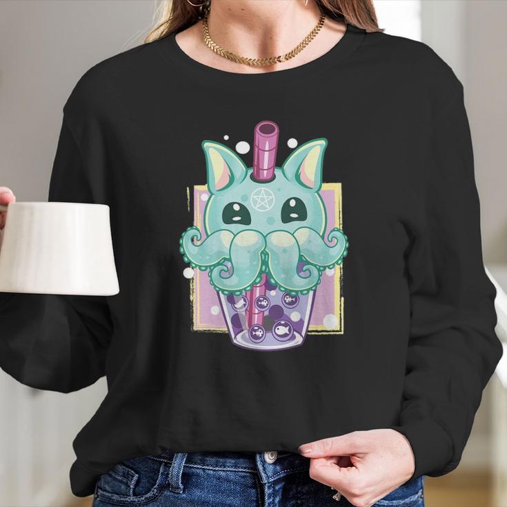 Kawaii Pastel Goth Creepy Creature Boba Bubble Tea Vaporwave Long Sleeve T-Shirt Gifts for Her