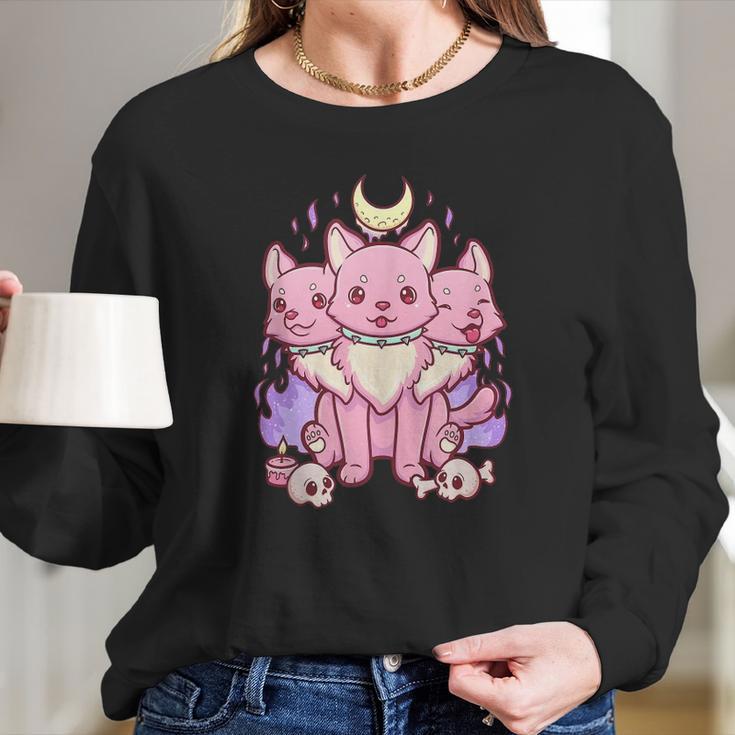 Kawaii Pastel Goth Cute Creepy 3 Headed Dog Long Sleeve T-Shirt Gifts for Her