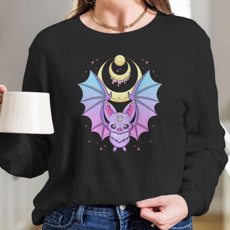 Kawaii Pastel Goth Cute Creepy Crescent Moon Bat Long Sleeve T-Shirt Gifts for Her