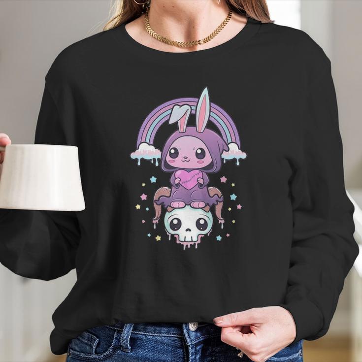 Kawaii Pastel Goth Cute Creepy Rabbit And Skull Long Sleeve T-Shirt Gifts for Her