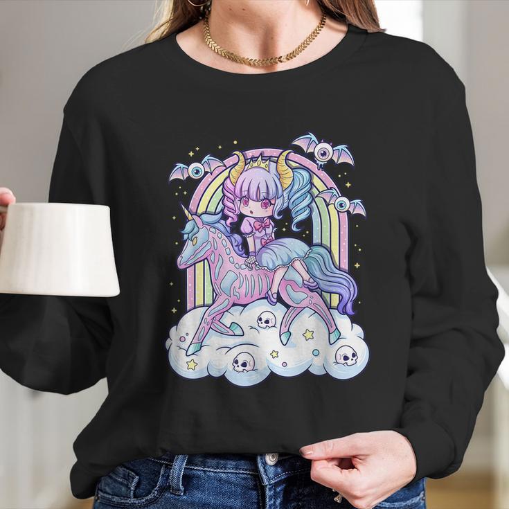 Kawaii Pastel Goth Cute Creepy Sugar Skull Unicorn Long Sleeve T-Shirt Gifts for Her