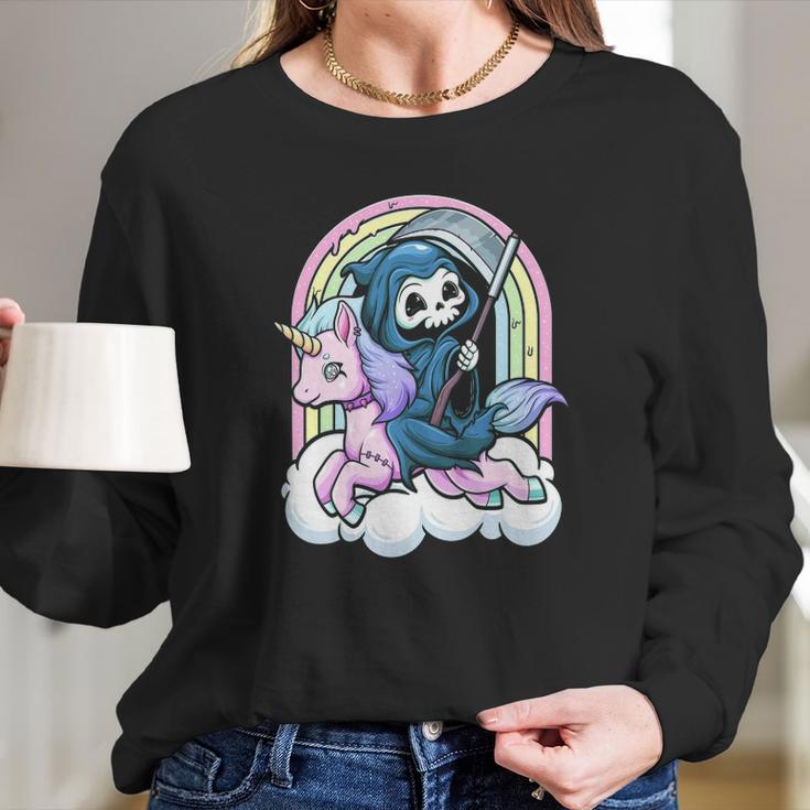 Kawaii Pastel Goth Cute Creepy Unicorn Grim Reaper Long Sleeve T-Shirt Gifts for Her