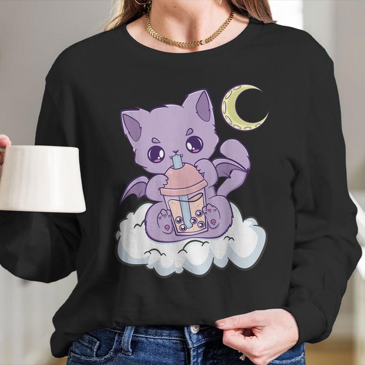 Kawaii Pastel Goth Cute Creepy Witchy Cat Boba Anime Kitten Long Sleeve T-Shirt Gifts for Her