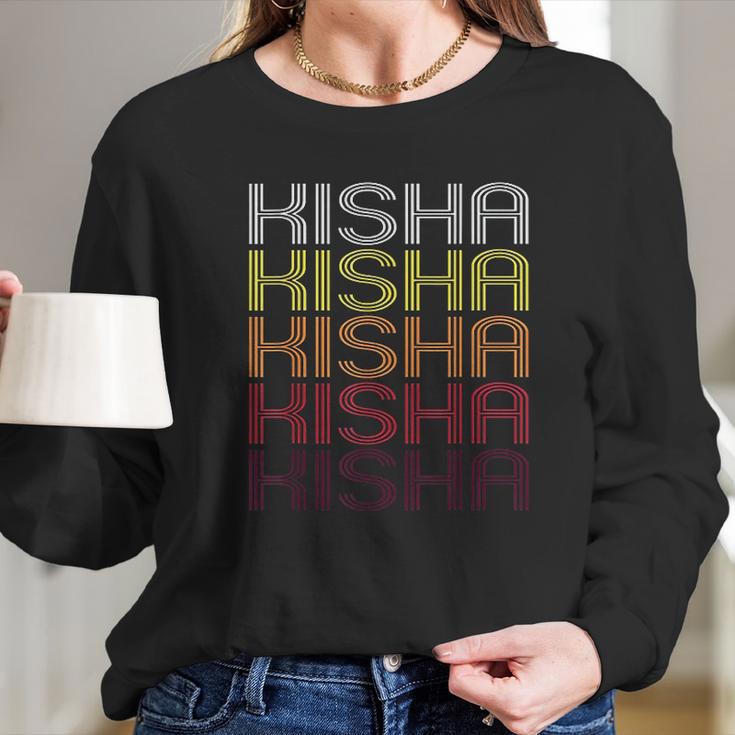 Kisha Retro Wordmark Pattern Vintage Style Long Sleeve T-Shirt Gifts for Her