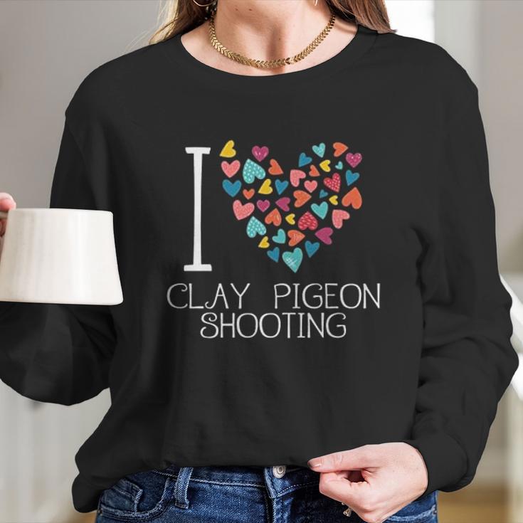 I Love Clay Pigeon Shooting Colorful Hearts Long Sleeve T-Shirt Gifts for Her