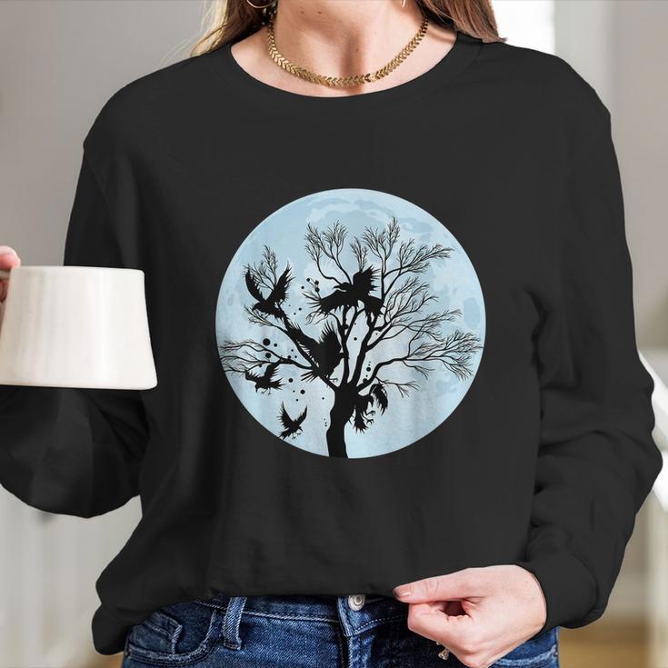 Moonlight Night Black Crow Forest Animal Bird Raven Long Sleeve T-Shirt Gifts for Her